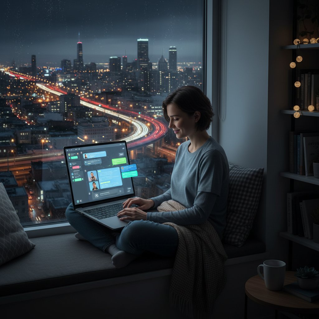 Młoda osoba siedzi samotnie przy komputerze nocą, ekran rozświetla twarz, na czacie grupa wsparcia