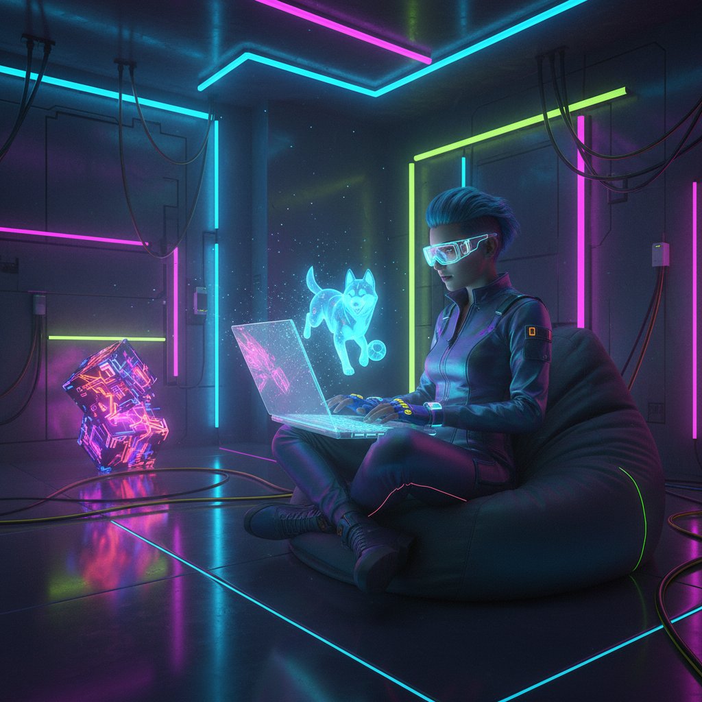 Młody dorosły przy komputerze nocą, wirtualny pies jako wsparcie emocjonalne