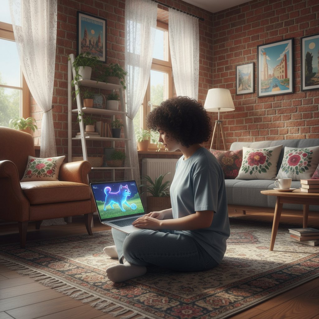 Młody dorosły z laptopem i wirtualnym pieskiem w polskim mieszkaniu – codzienność polskiego użytkownika pieska online