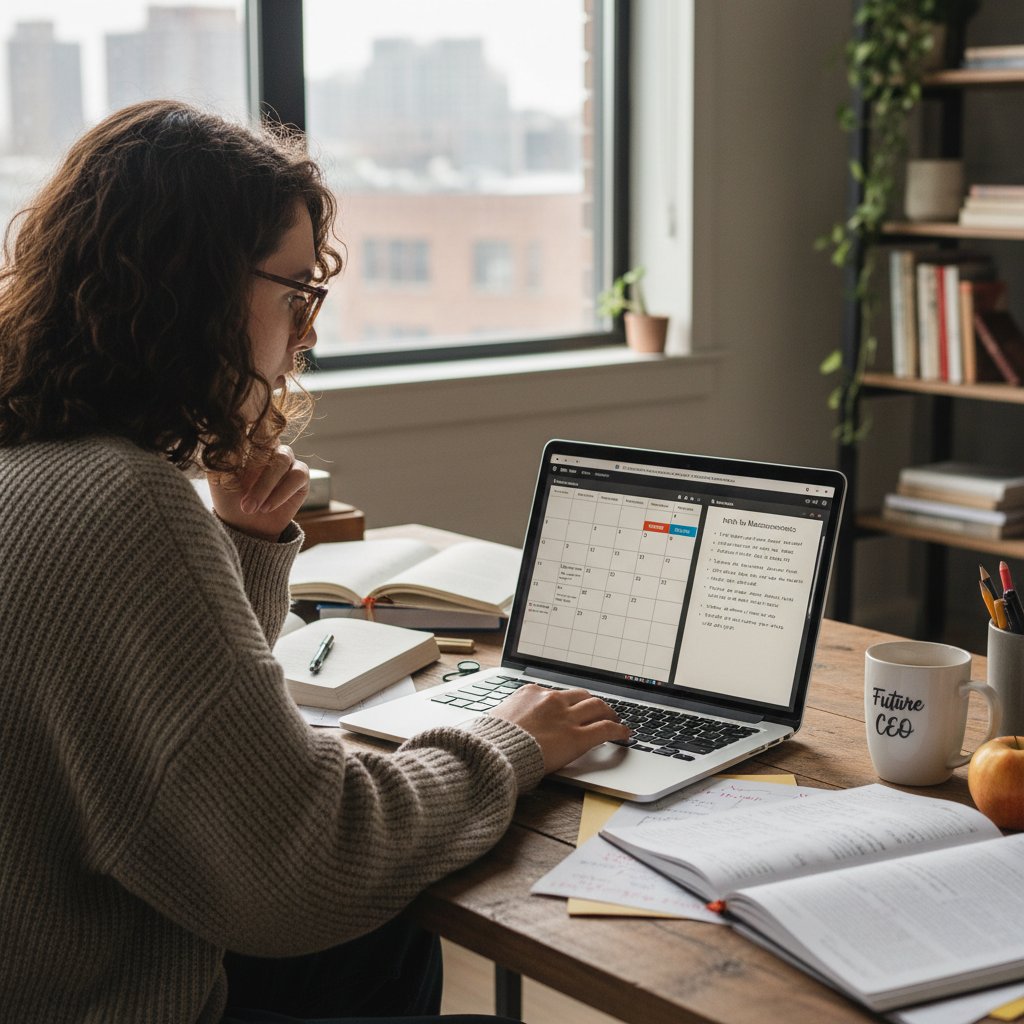 Młody dorosły z laptopem, planujący zadania zawodowe, obok notatki szkolne