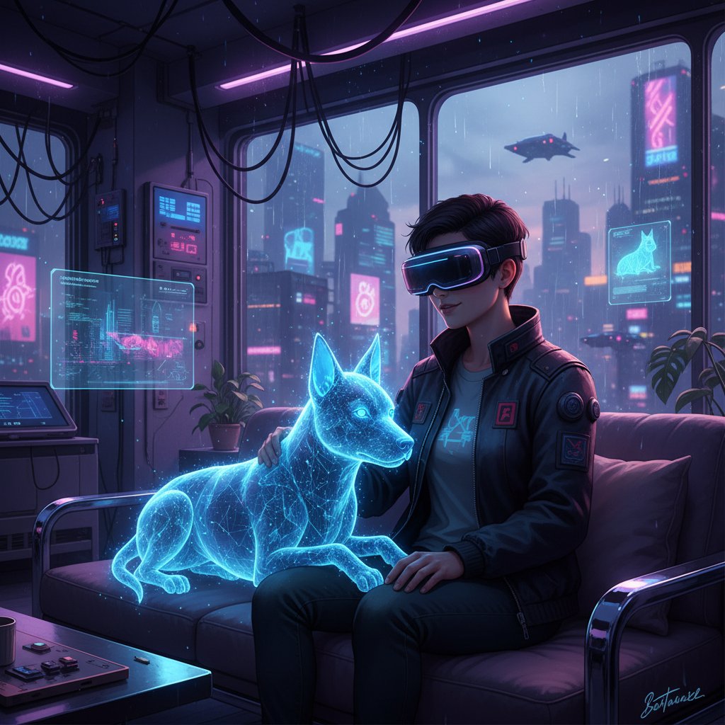 Junger Erwachsener mit virtuellem Hund in moderner Wohnung, emotionale Verbindung sichtbar, Keywords: virtuelle Haustierkommunikation, Hundesimulation