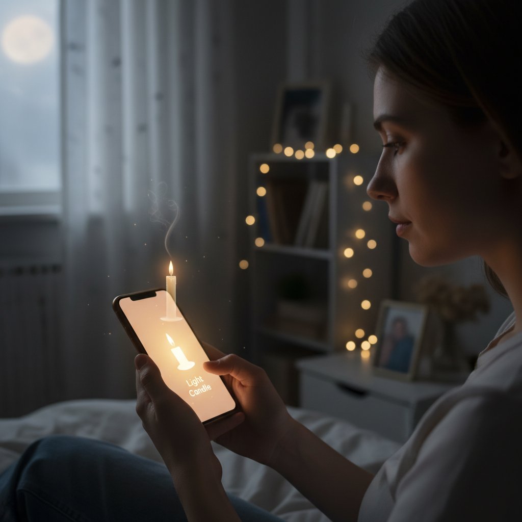 Young adult lighting a virtual candle on a phone in a bedroom at night, peaceful ongoing digital remembrance