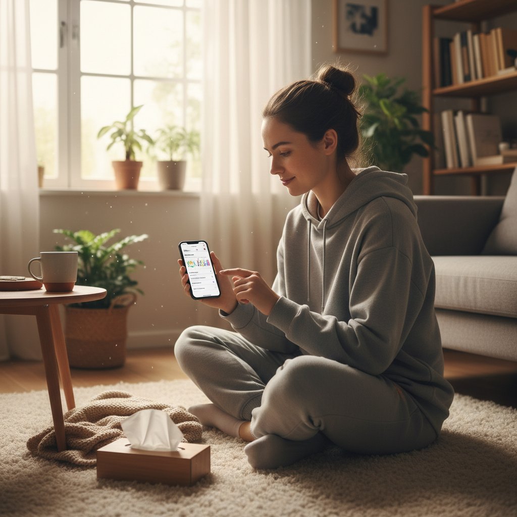 Młody dorosły zapisujący wyniki pikflometru w aplikacji w przytulnym domu