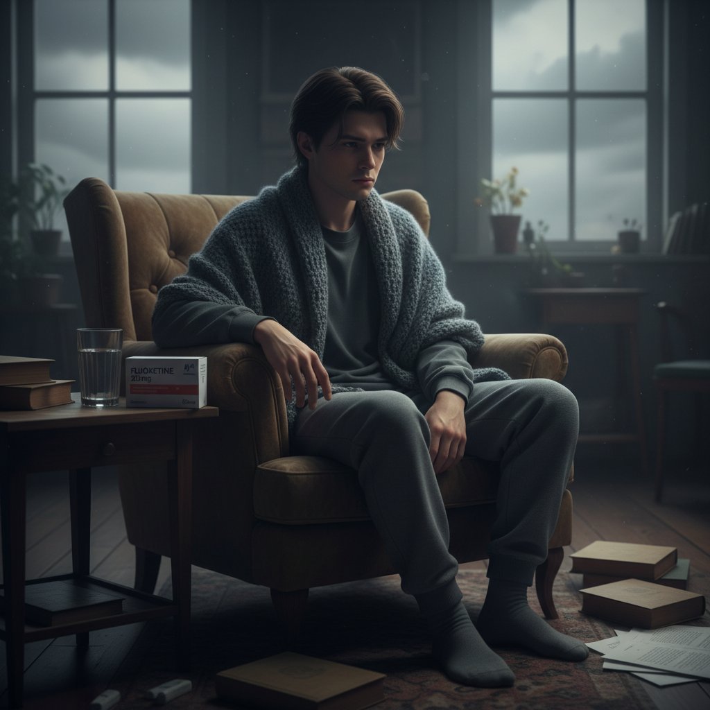 Młody dorosły patrzący na opakowanie leków w domowym otoczeniu, klimat refleksyjny, naturalne światło