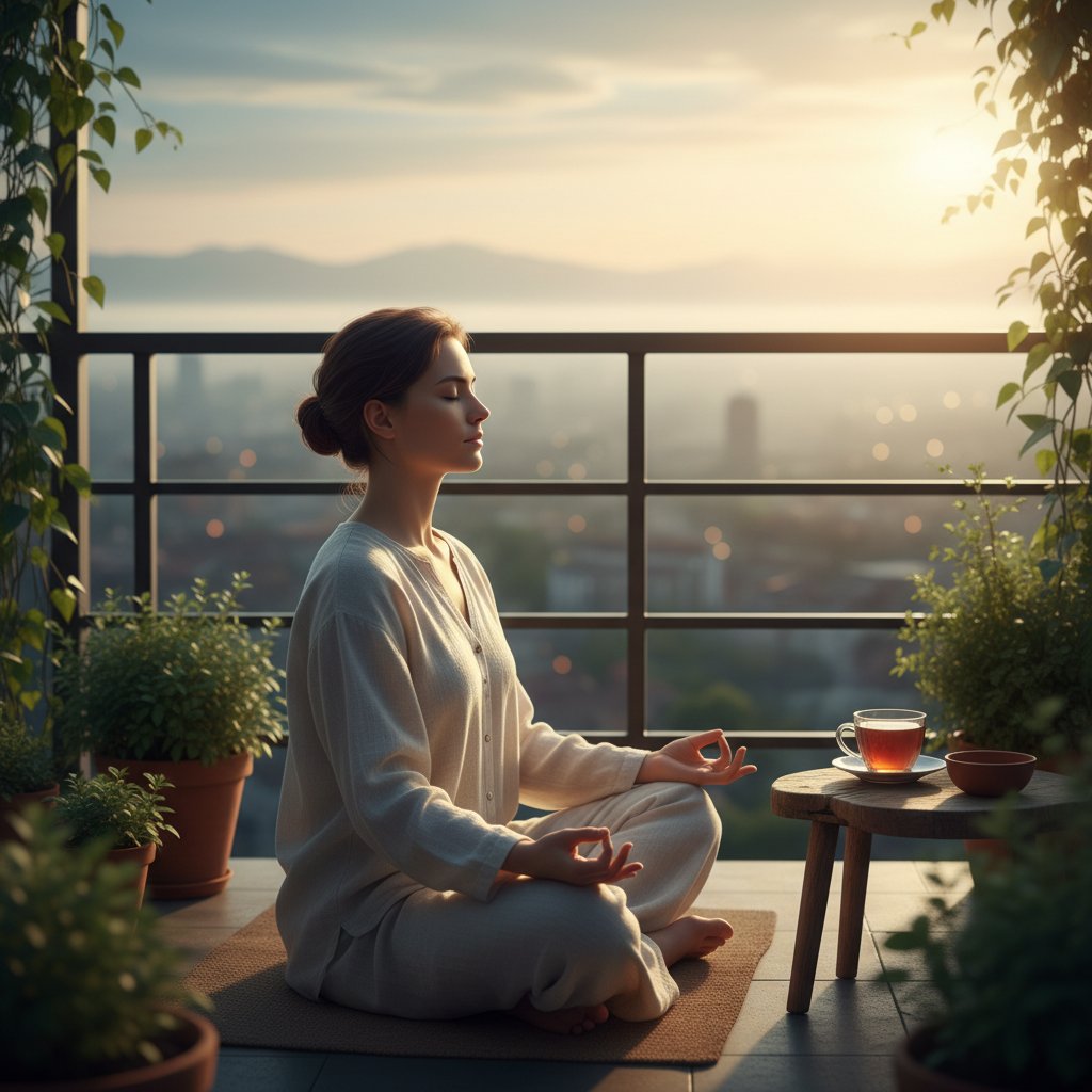 Młoda osoba medytująca na balkonie z widokiem na miasto, praktykująca mindfulness po traumie rozwojowej