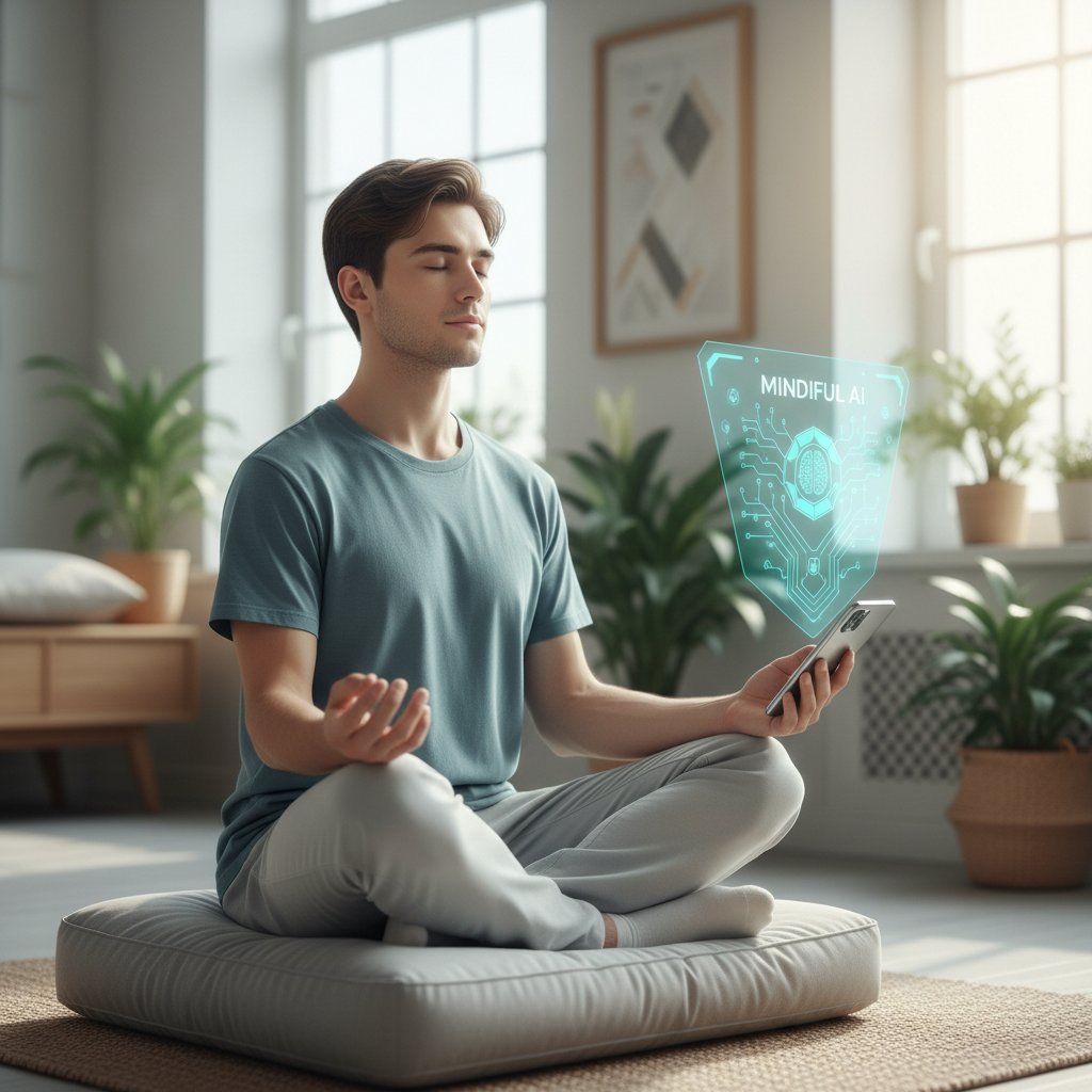 Młoda osoba prowadząca sesję mindfulness z wirtualnym asystentem na ekranie smartfona, otoczona spokojną aurą
