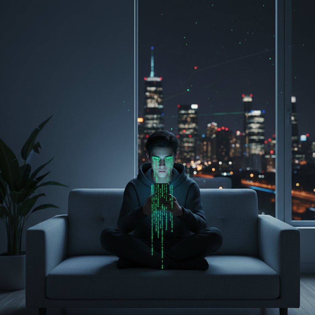 Junge Person sitzt nachts allein im urbanen Zimmer, Smartphone leuchtet das Gesicht aus, Hoffnung und Unsicherheit im Ausdruck – Symbolbild für digitale Einsamkeit und Motivation