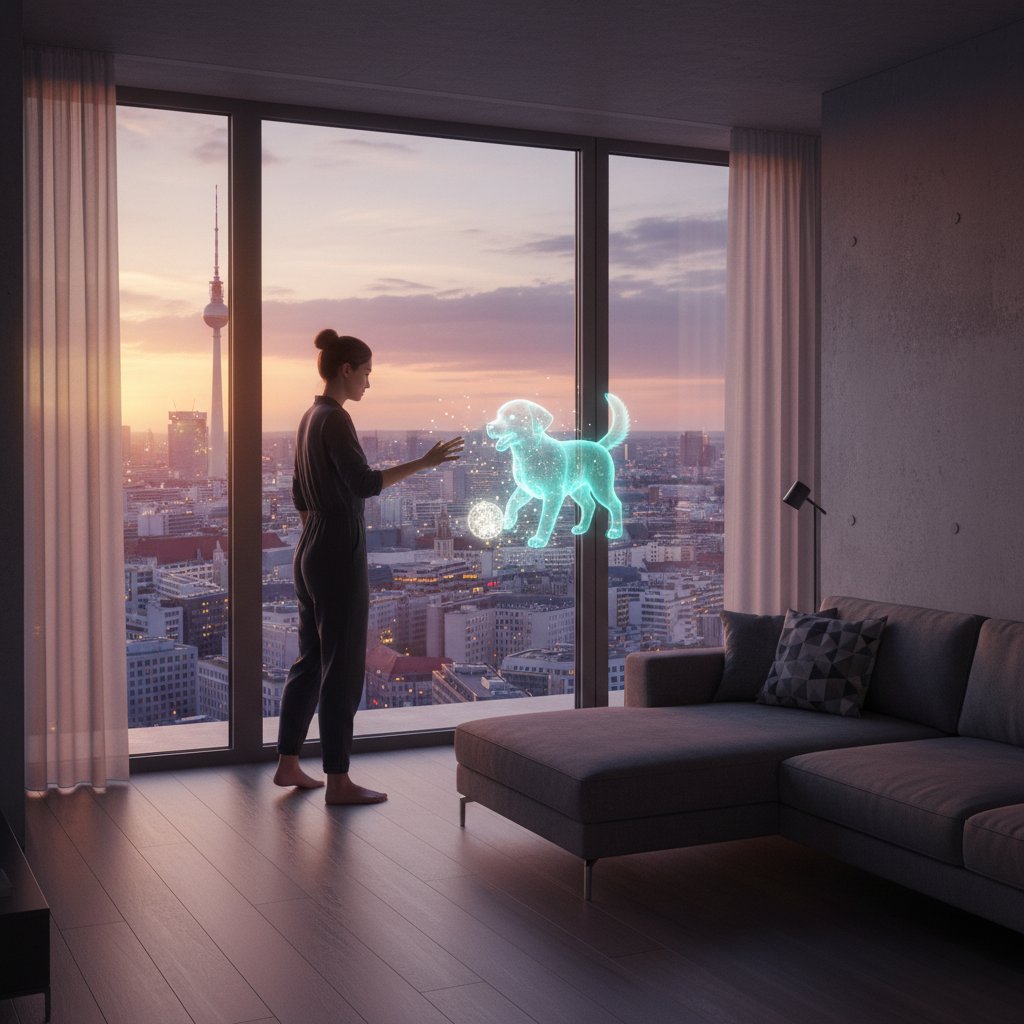 Virtueller Hund in moderner Berliner Wohnung, junge Erwachsene interagiert mit Hologramm-Hund, urbanes Ambiente, abends, Keywords: virtueller Hund, digitaler Begleiter, Berlin