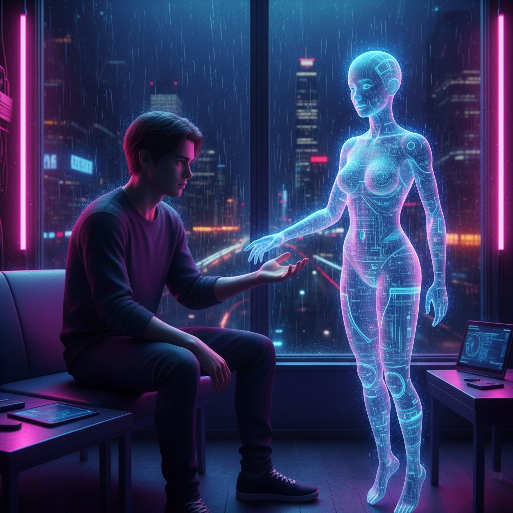 Junger Erwachsener allein im neonbeleuchteten Raum chattet mit KI-Freundin auf Smartphone, Symbol für digitale Einsamkeit und emotionale Nähe