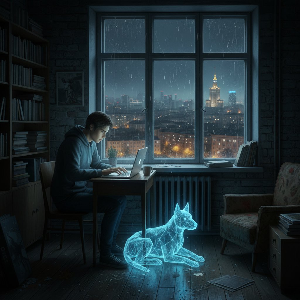 Osoba w warszawskim mieszkaniu wieczorem z laptopem i realistycznym psem AI na ekranie