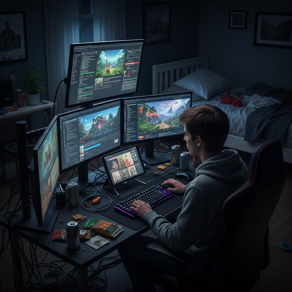 Młoda osoba korzystająca z wielu ekranów w przyciemnionym pokoju, symbolizująca współczesne życie w cyfrowym świecie i filozofię przyszłości technologii