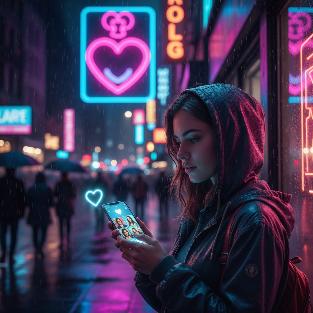 Moody photo of a young adult seeking love advice online at night with neon lights and mobile phone