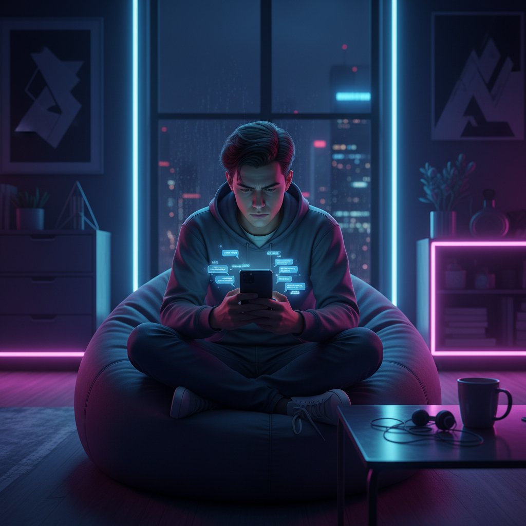 Junge Person sitzt nachts alleine am Fenster, Smartphone in der Hand, digitale Chatblasen um sie herum, introspektive Stimmung, Neonlicht – emotionale unterstützung ohne psychologen