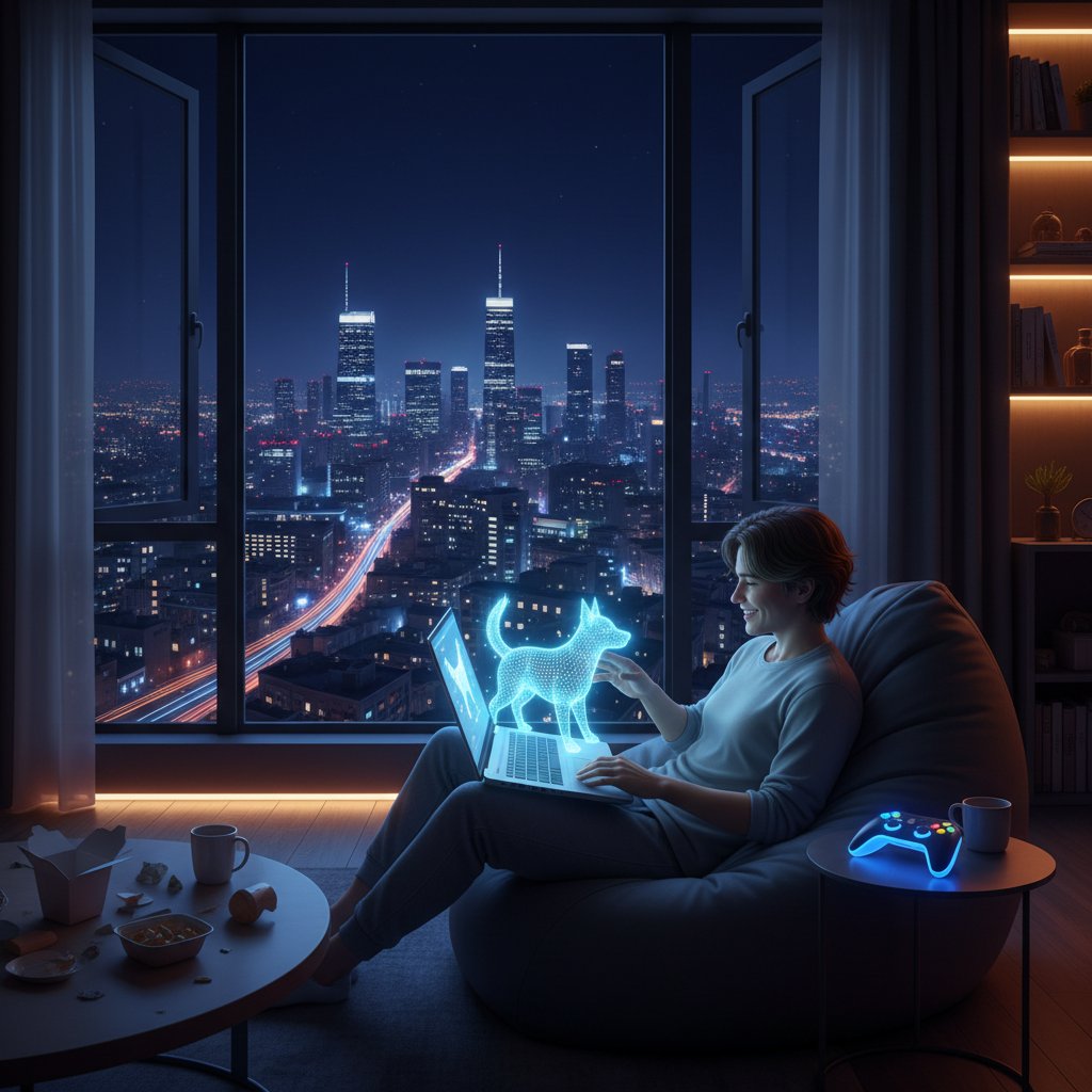 Nocna scena: młody dorosły rozmawia z wirtualnym psem przez laptopa w pokoju z widokiem na miasto