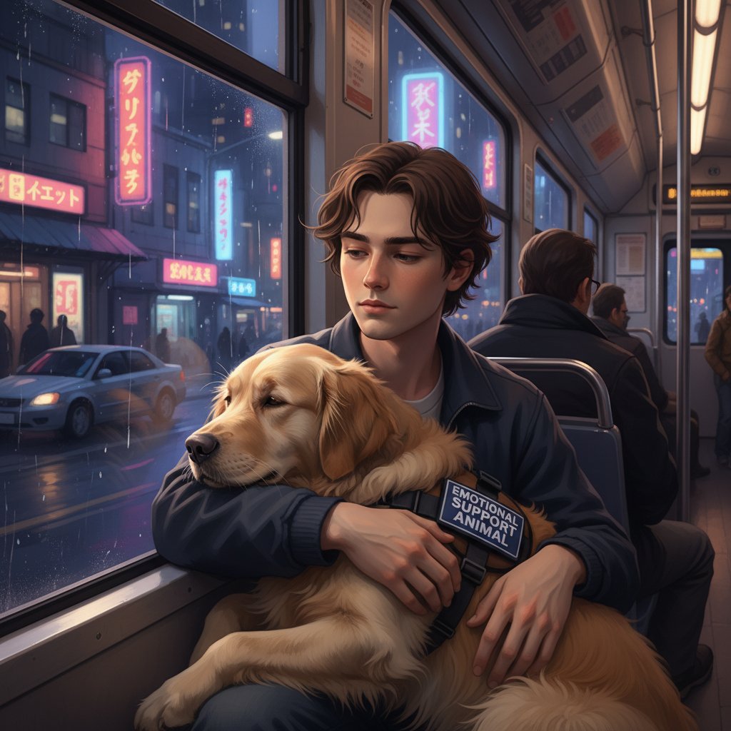 Nachdenklicher junger Erwachsener nachts in einer Stadtbahn, nach emotionaler Unterstützung suchend