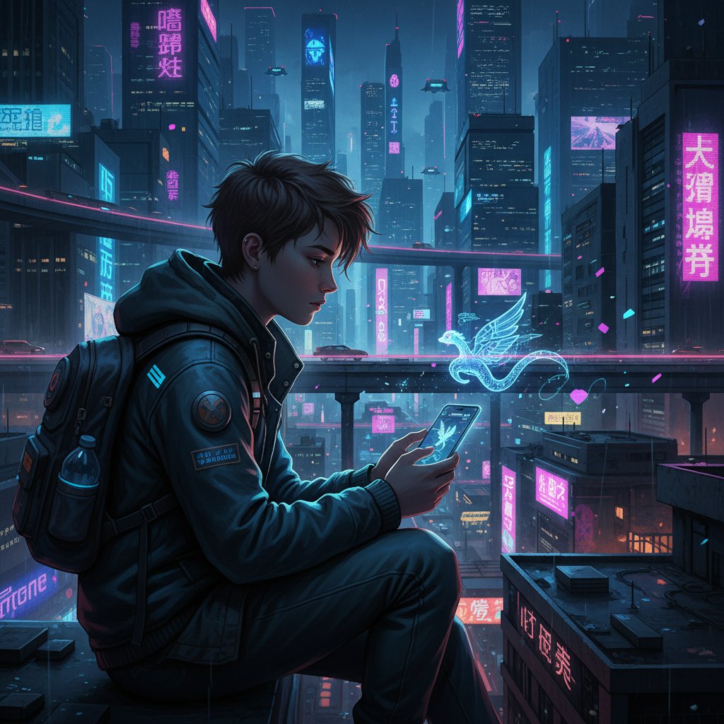 Person mit Smartphone und digitalem Haustier, Nacht, Stadt im Hintergrund, cyberpunk Atmosphäre