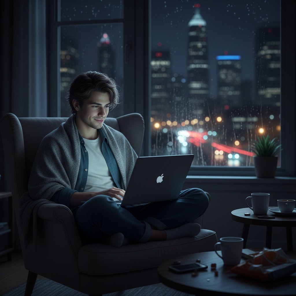 Junger Erwachsener allein nachts in einer Wohnung, beleuchtet vom Laptop, symbolisch für digitale Nähe und Einsamkeit