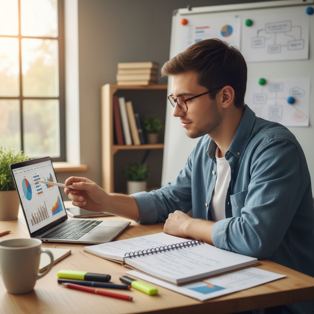 Młody dorosły z notatnikiem i laptopem, intensywnie analizujący dane gospodarcze, symbolizujący produktywną naukę online