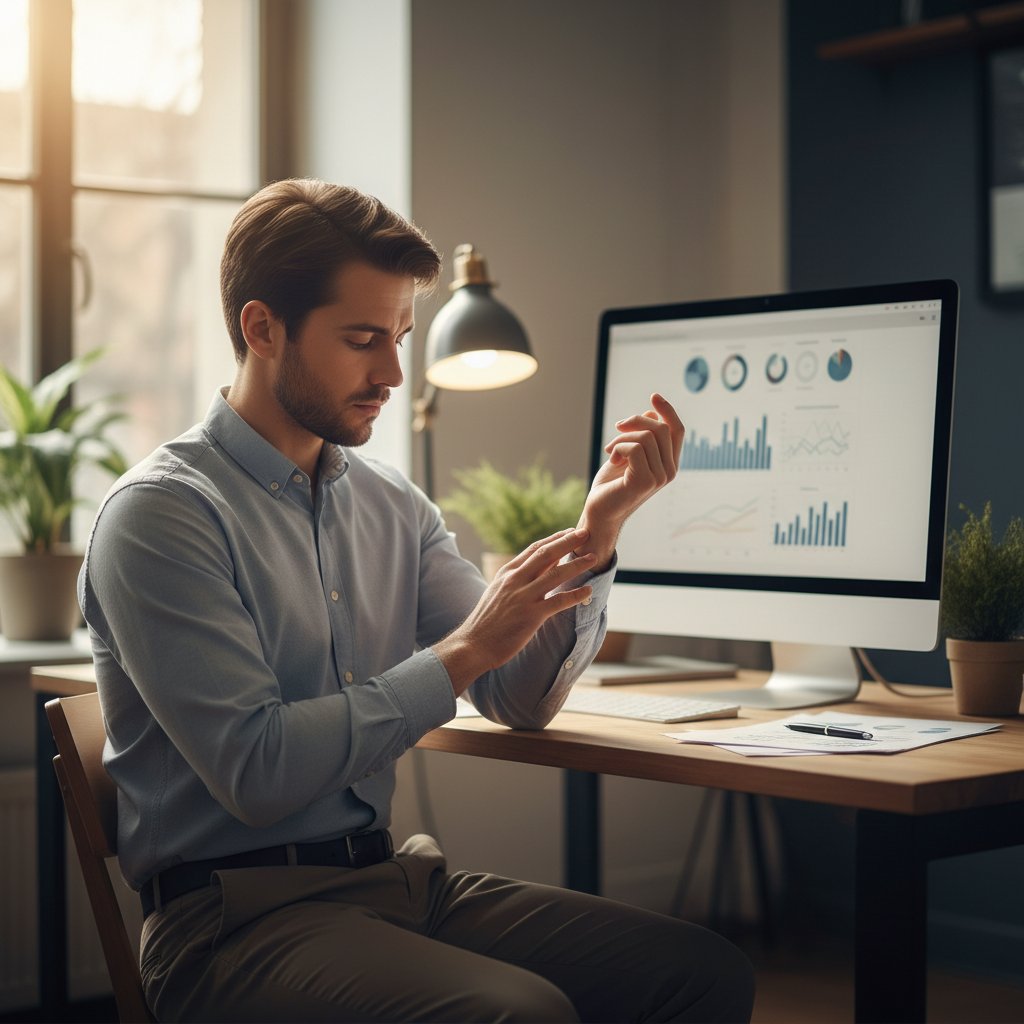 Młoda osoba w biurze sprawdzająca tętno podczas pracy