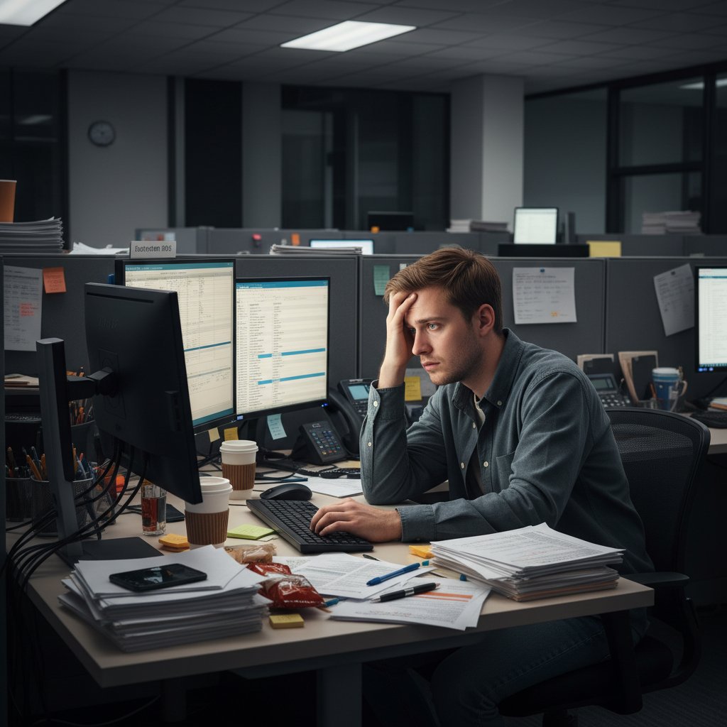 Młody dorosły w biurze, wyraźne napięcie, patrzy na komputer – wokół bałagan lub nadmiar dokumentów
