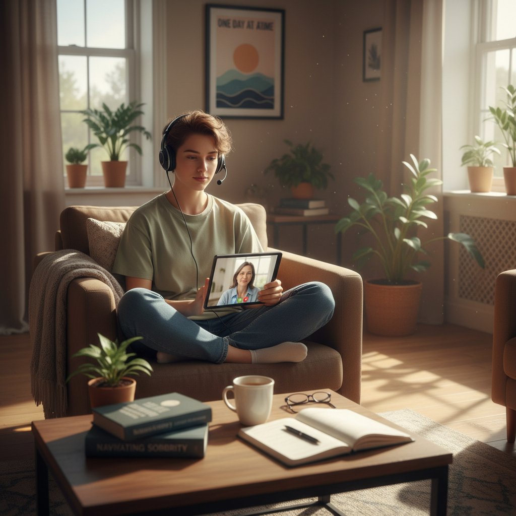 Młody dorosły korzystający z terapii online w domowym zaciszu
