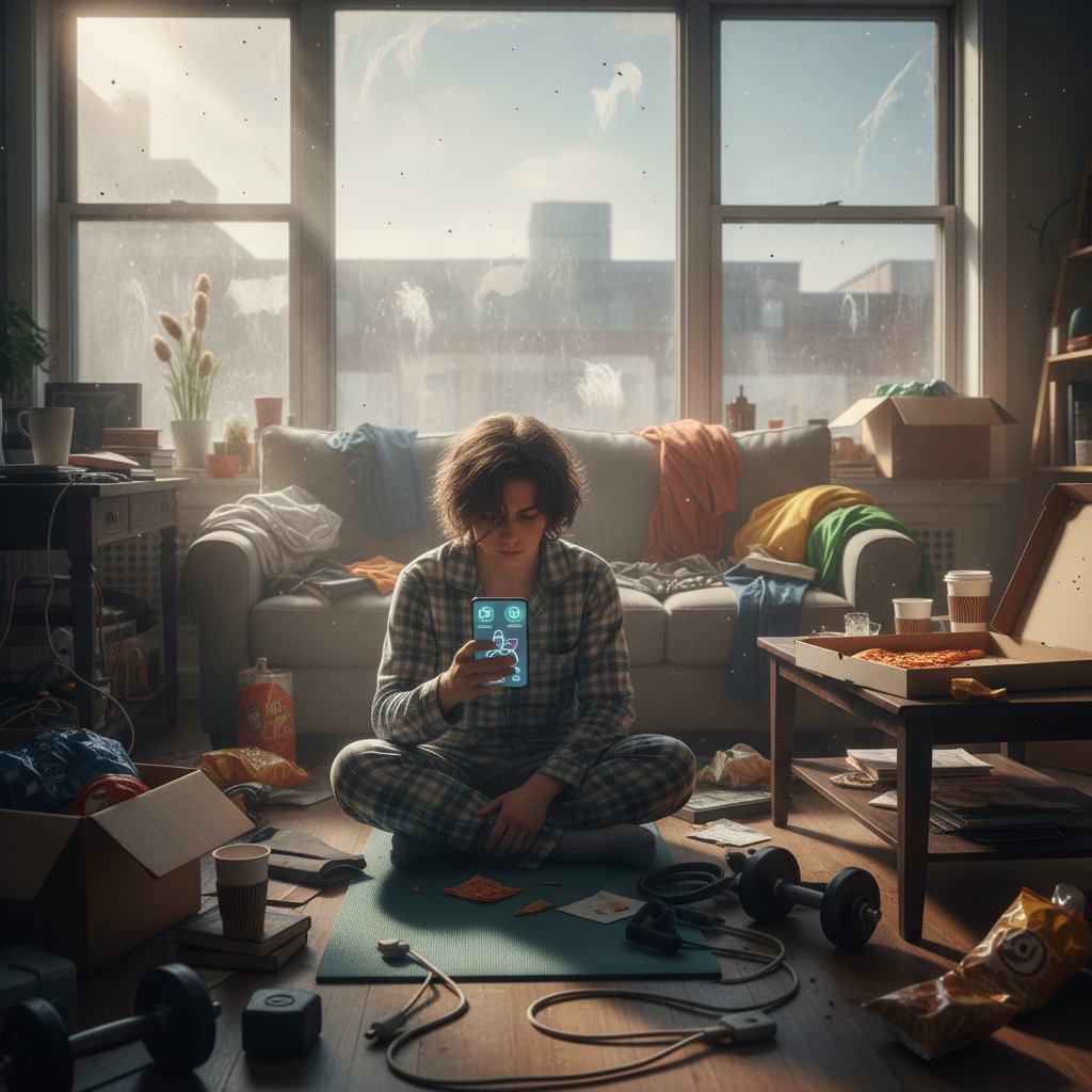 Osoba w piżamie na kanapie oglądająca aplikację fitness na telefonie, światło słoneczne pada przez nieuporządkowane okno – fitness dla leniwych w codzienności