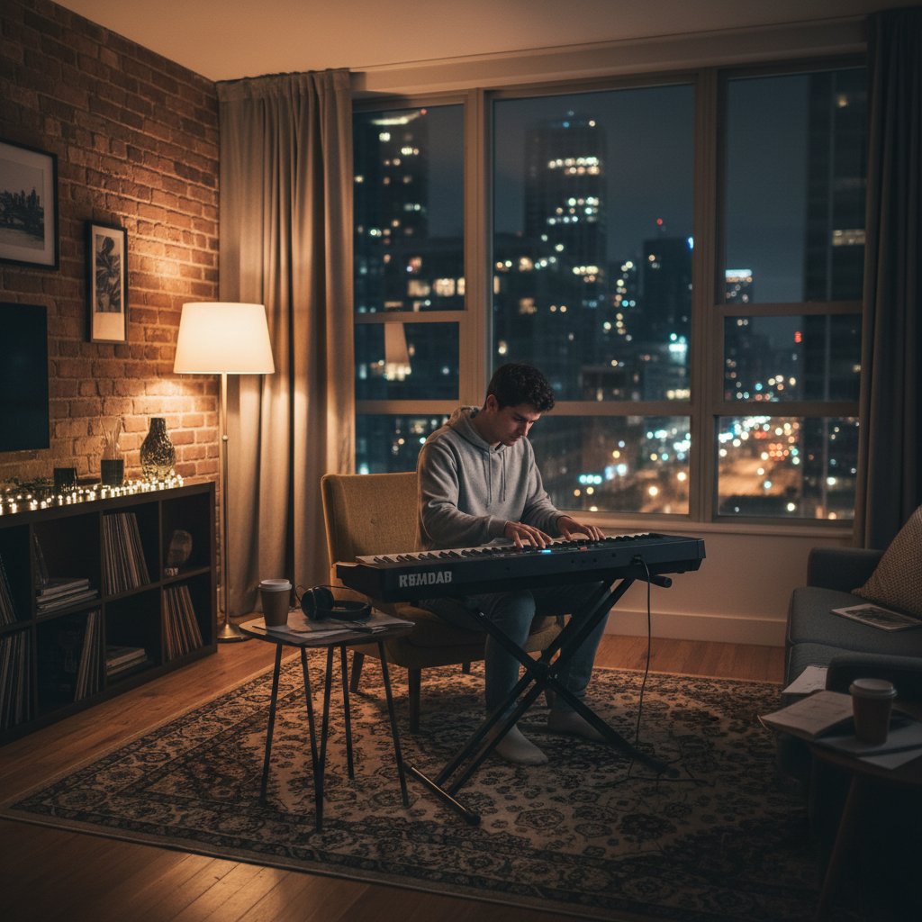Młoda osoba grająca na keyboardzie w nowoczesnym, miejskim mieszkaniu nocą, atmosfera skupienia i twórczego napięcia