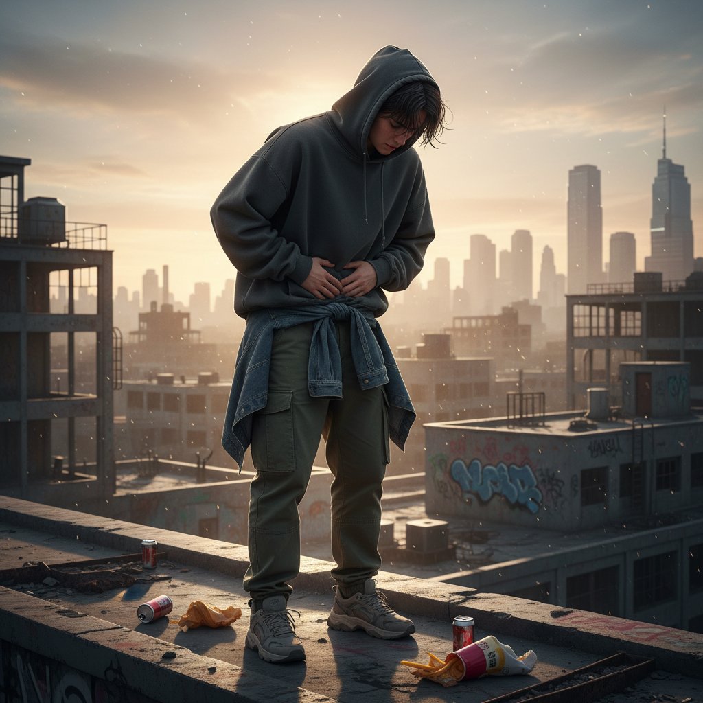 Młody człowiek w nowoczesnej stylizacji na tle postindustrialnego miasta, wyrażający zmagania z własnym ciałem i niedowagą