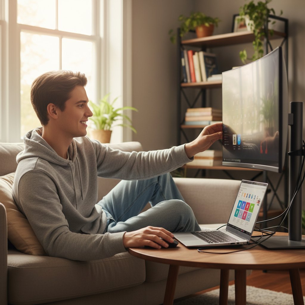 Junger Erwachsener lächelt beim Ausfüllen eines Profils am Laptop, entspannte Atmosphäre