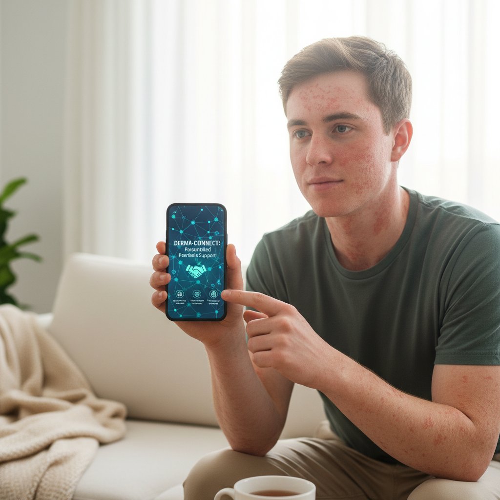 Młoda osoba z łuszczycą korzystająca z telefonu, światło ekranu podkreślające zmiany skórne, cyfrowe wsparcie w tle