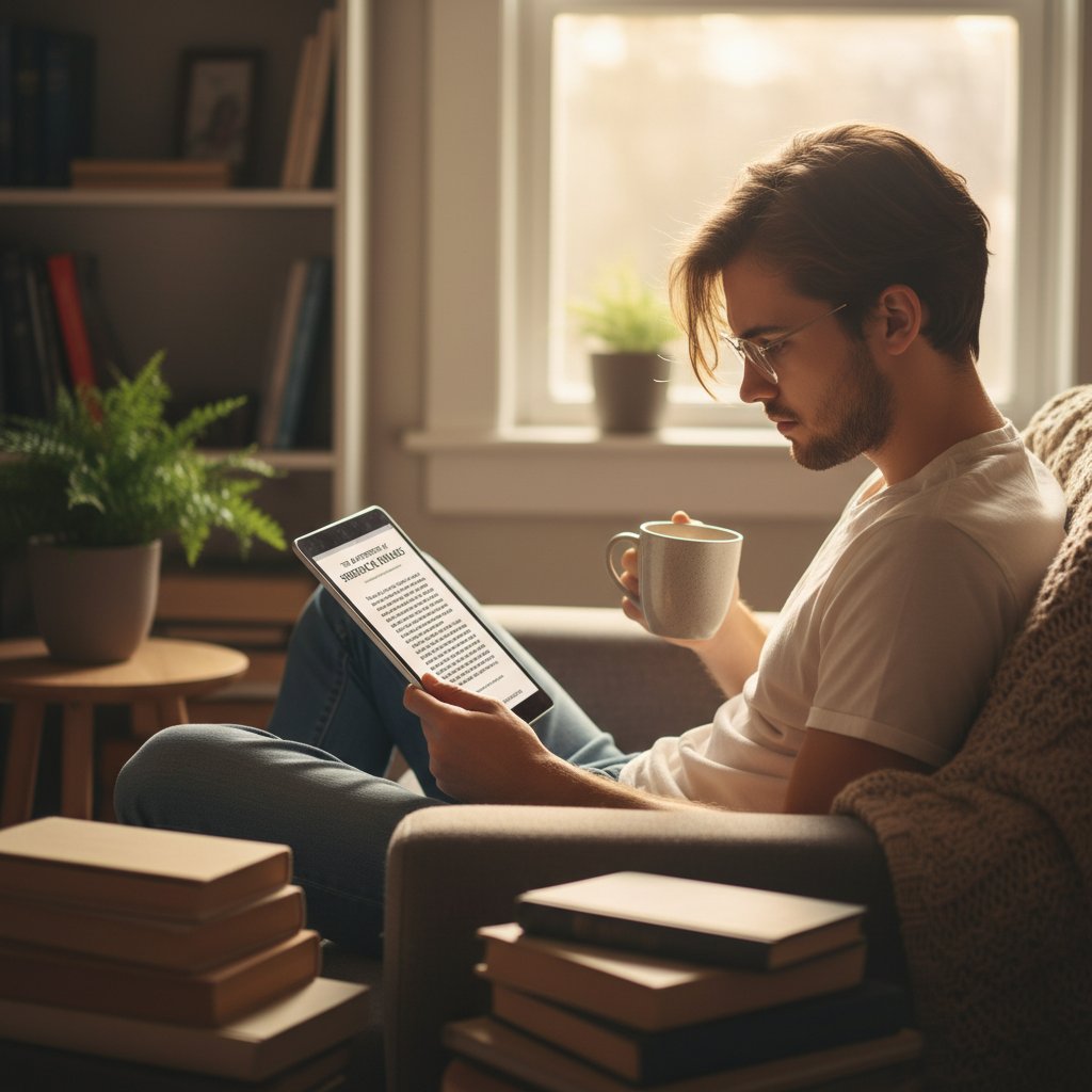 Młody dorosły czyta tekst po angielsku online, skupione spojrzenie, cyfrowe książki na ekranie