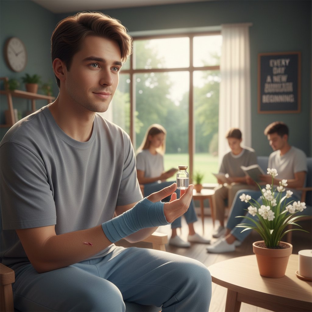 Osoba w trakcie rekonwalescencji po zabiegu endoskopowym w domu, spokojna atmosfera