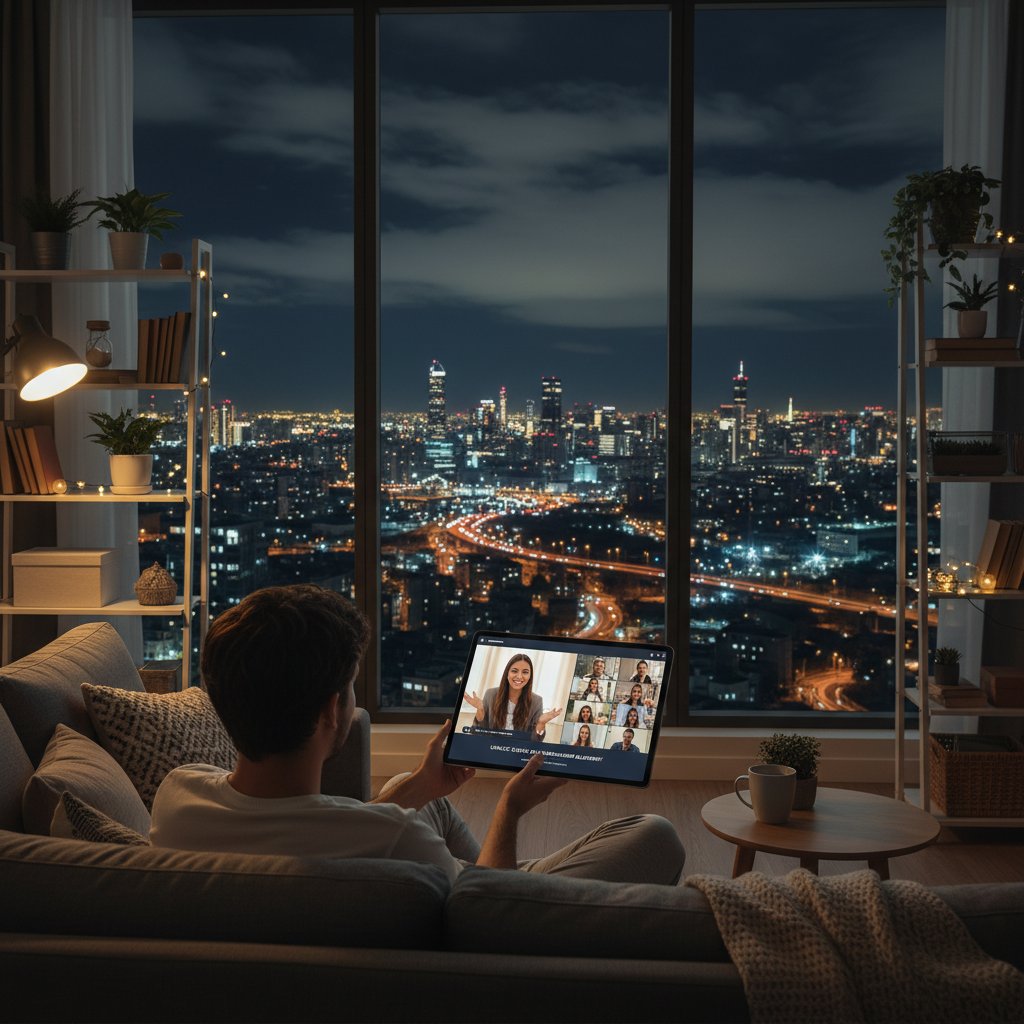 Young adult in dimly-lit room, engaged in online relationship coaching webinar, cityscape outside window