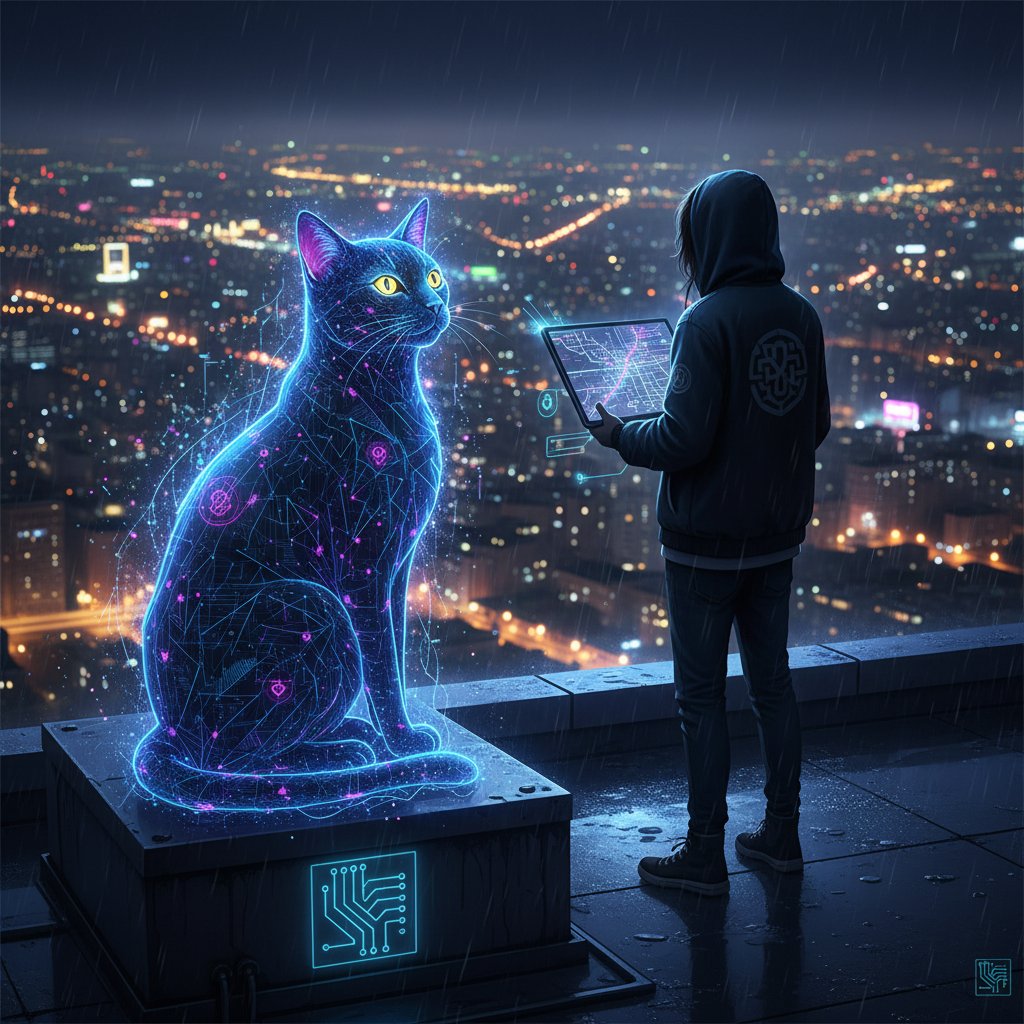 Młody dorosły siedzący samotnie na dachu nocą, z hologramem kota obok, symbolizującym wsparcie i samotność