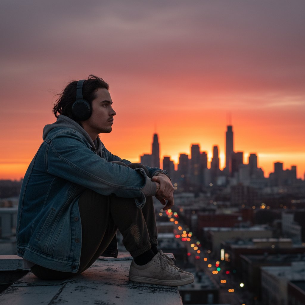Młoda osoba siedząca na dachu miasta o zachodzie słońca, z lekkim uśmiechem i słuchawkami – motyw samopoczucia, introspekcji i odporności