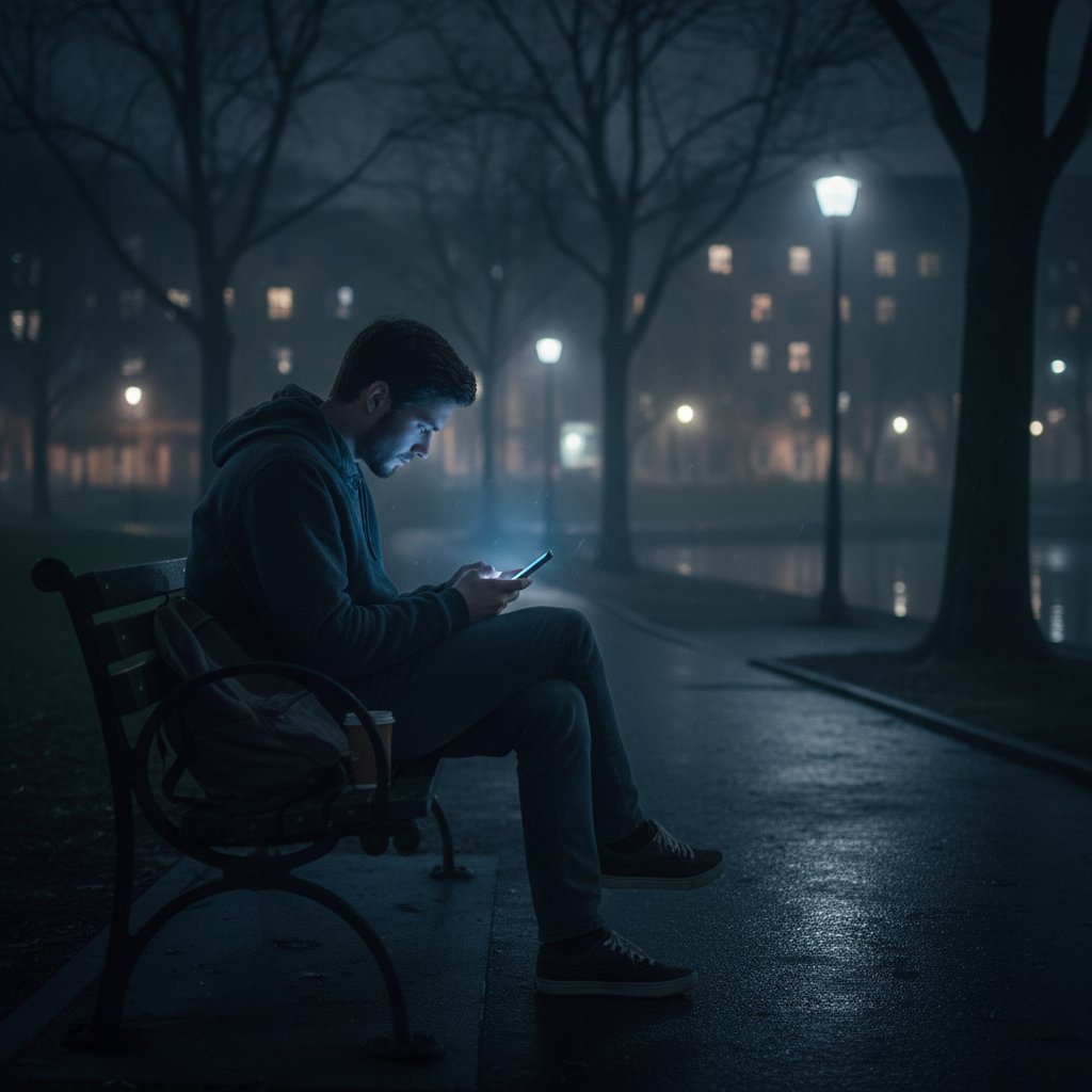 Młody człowiek samotnie przegląda telefon nocą, symbolizując cyfrową samotność