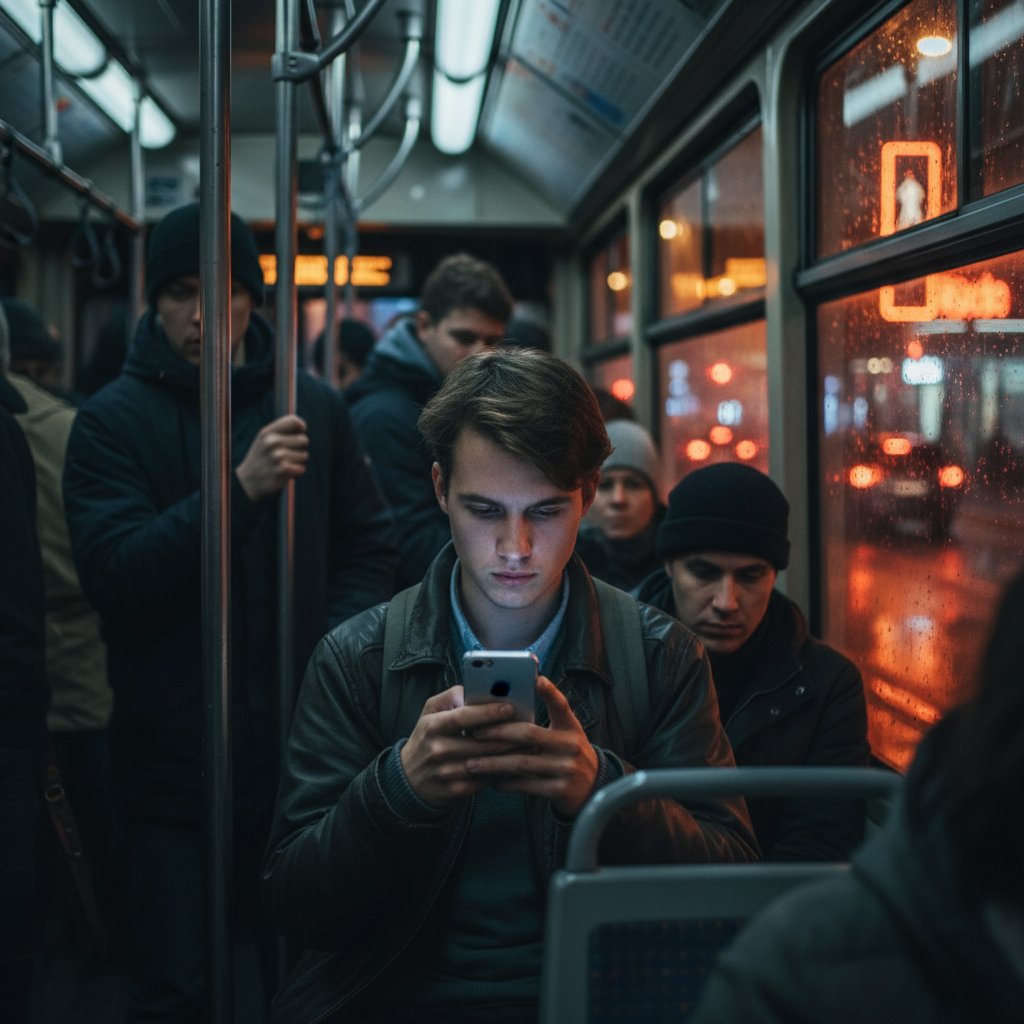 Młoda osoba samotnie przeglądająca telefon w zatłoczonym tramwaju, rozmowa online bez terapii, samotność w mieście