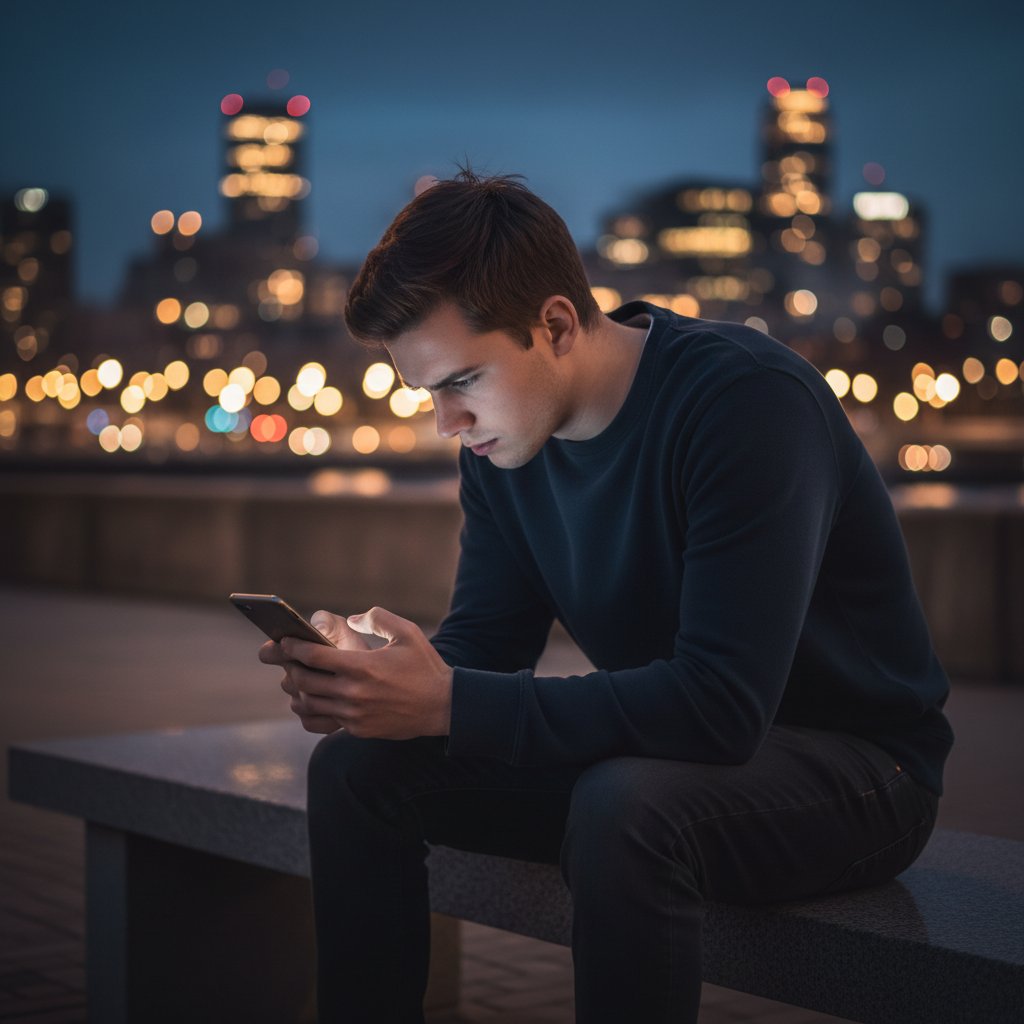 Osoba przeglądająca telefon nocą w samotności, rozmyte światła miasta, napięta postawa