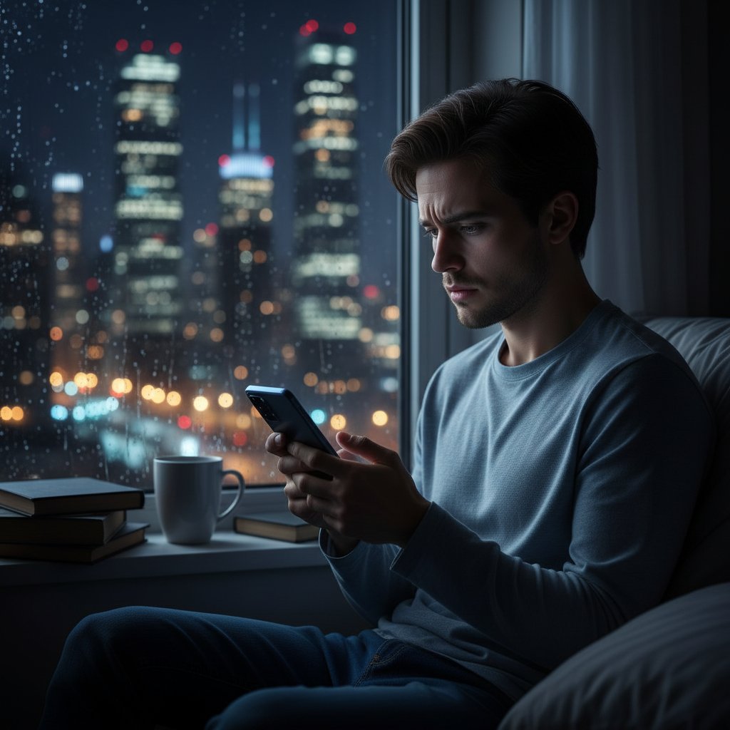 Młoda osoba szuka pilnie informacji medycznych na smartfonie, nocna atmosfera, podświetlona twarz, polskie miasto w tle