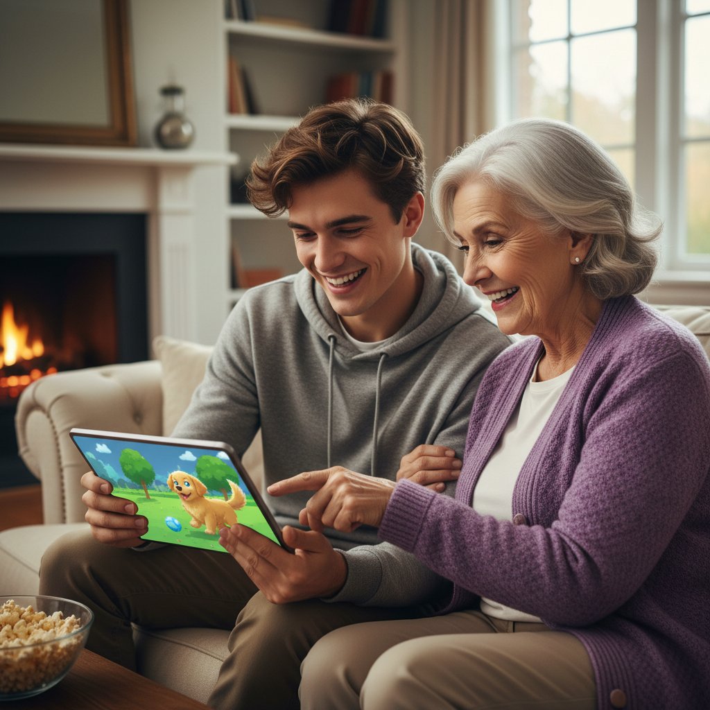 Wnuczka i babcia wspólnie korzystają z symulatora psa, łącząc pokolenia