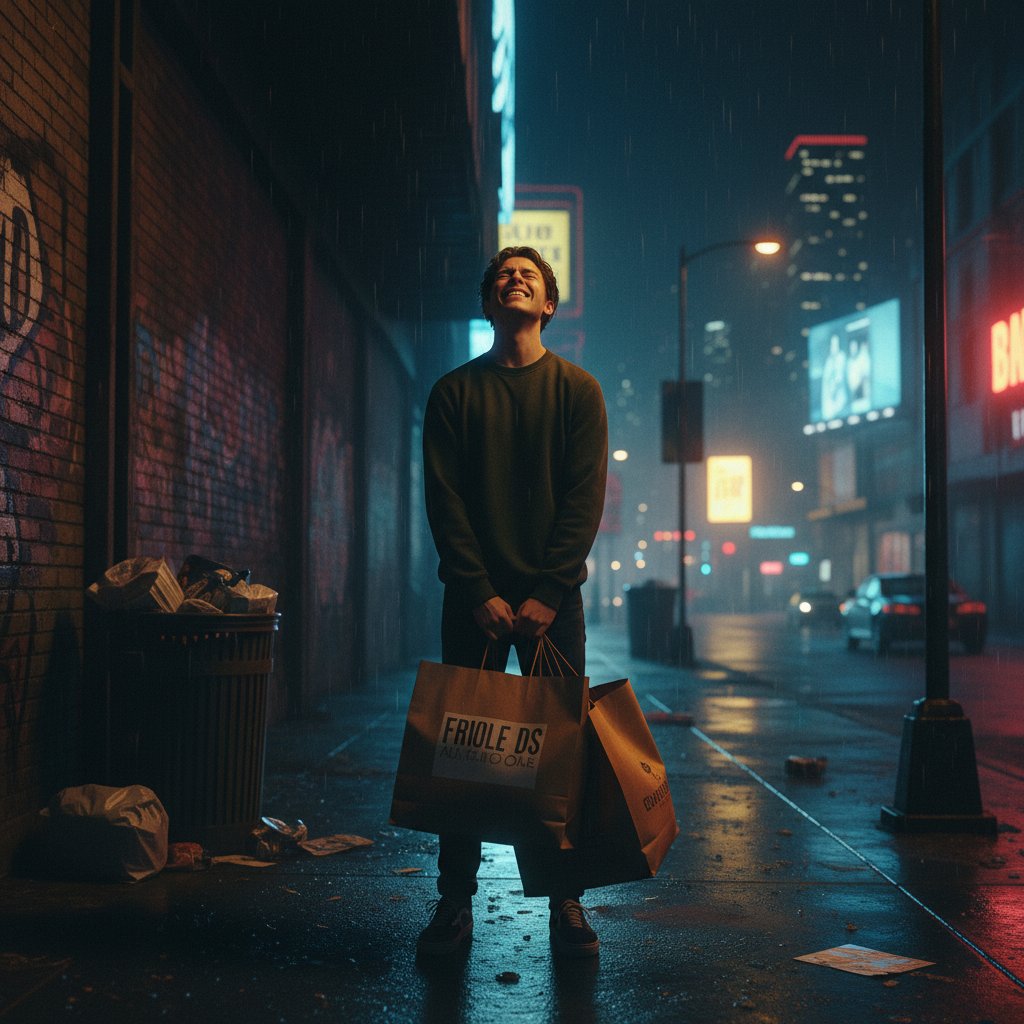 Młoda osoba otoczona torbami zakupowymi, wyraz twarzy pełen ambiwalentnych emocji, miasto nocą.