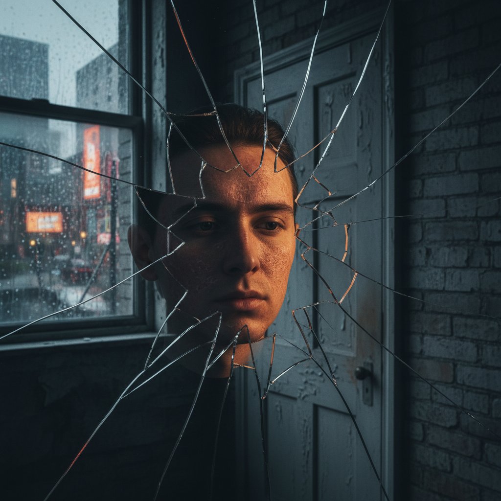 Młoda osoba z wyraźną dermatozą patrzy w popękane lustro, stres a skóra, brutalna rzeczywistość