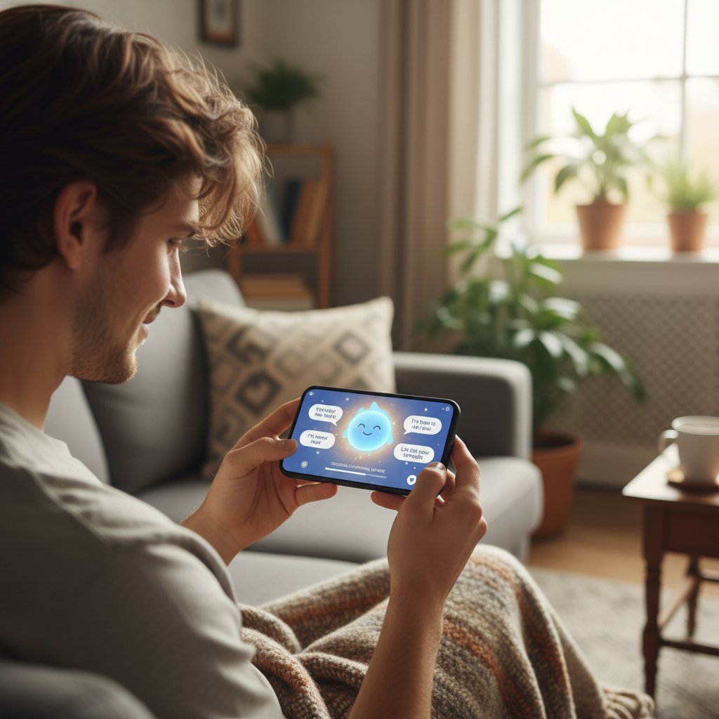 Young adult using a smartphone, emotional expression, interacting with AI relationship coach, night city background