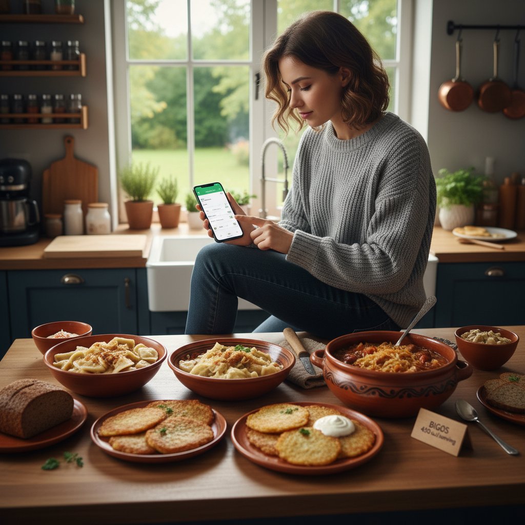 Nowoczesny użytkownik aplikacji do liczenia kalorii w kuchni, smartfon oraz polskie produkty spożywcze