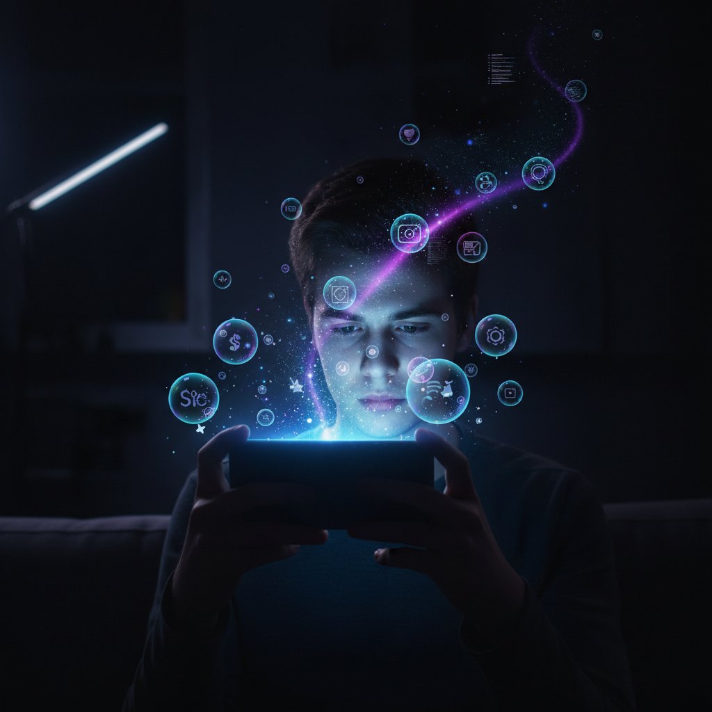 Młody dorosły zatopiony w bańce informacyjnej tworzonej przez AI