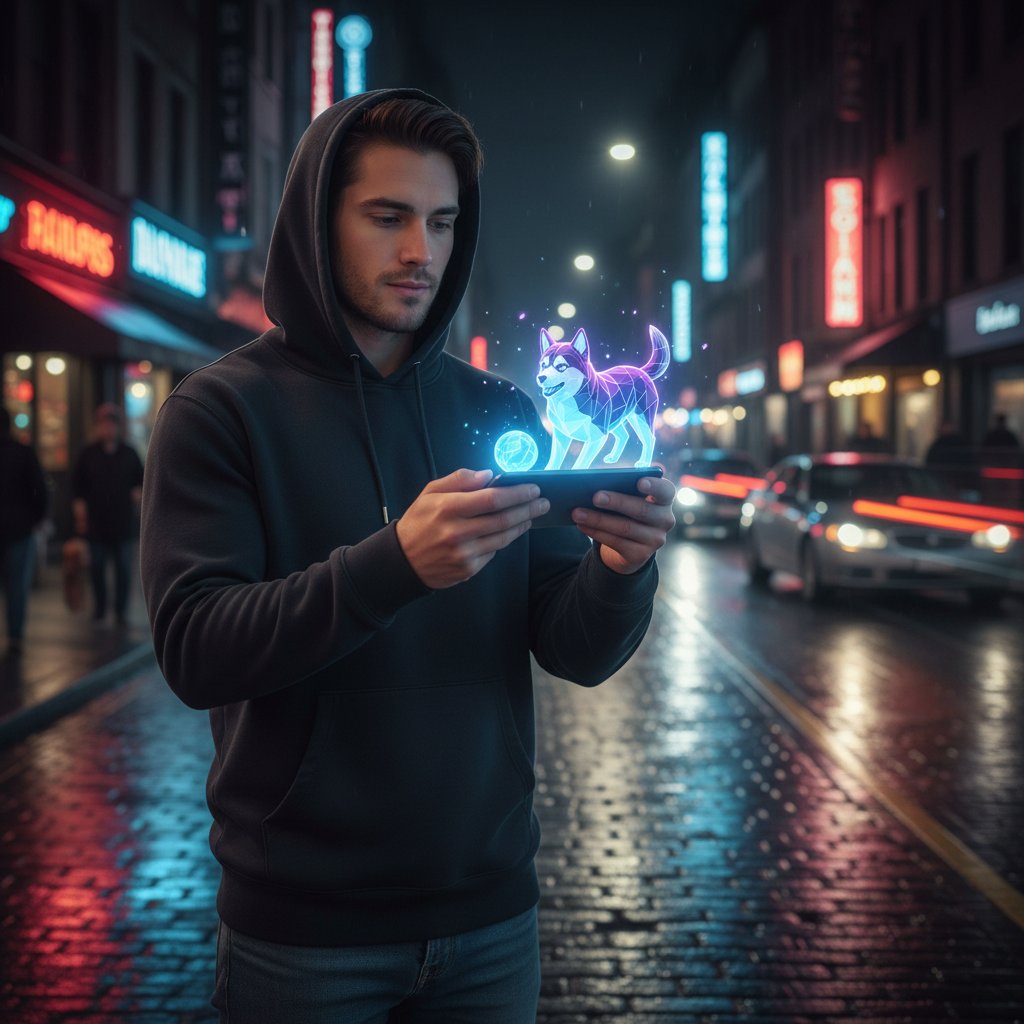 Młody dorosły trzymający telefon z projekcją cyfrowego psa, otoczony miejską nocą i światłami, wyraz samotności i cyfrowego wsparcia