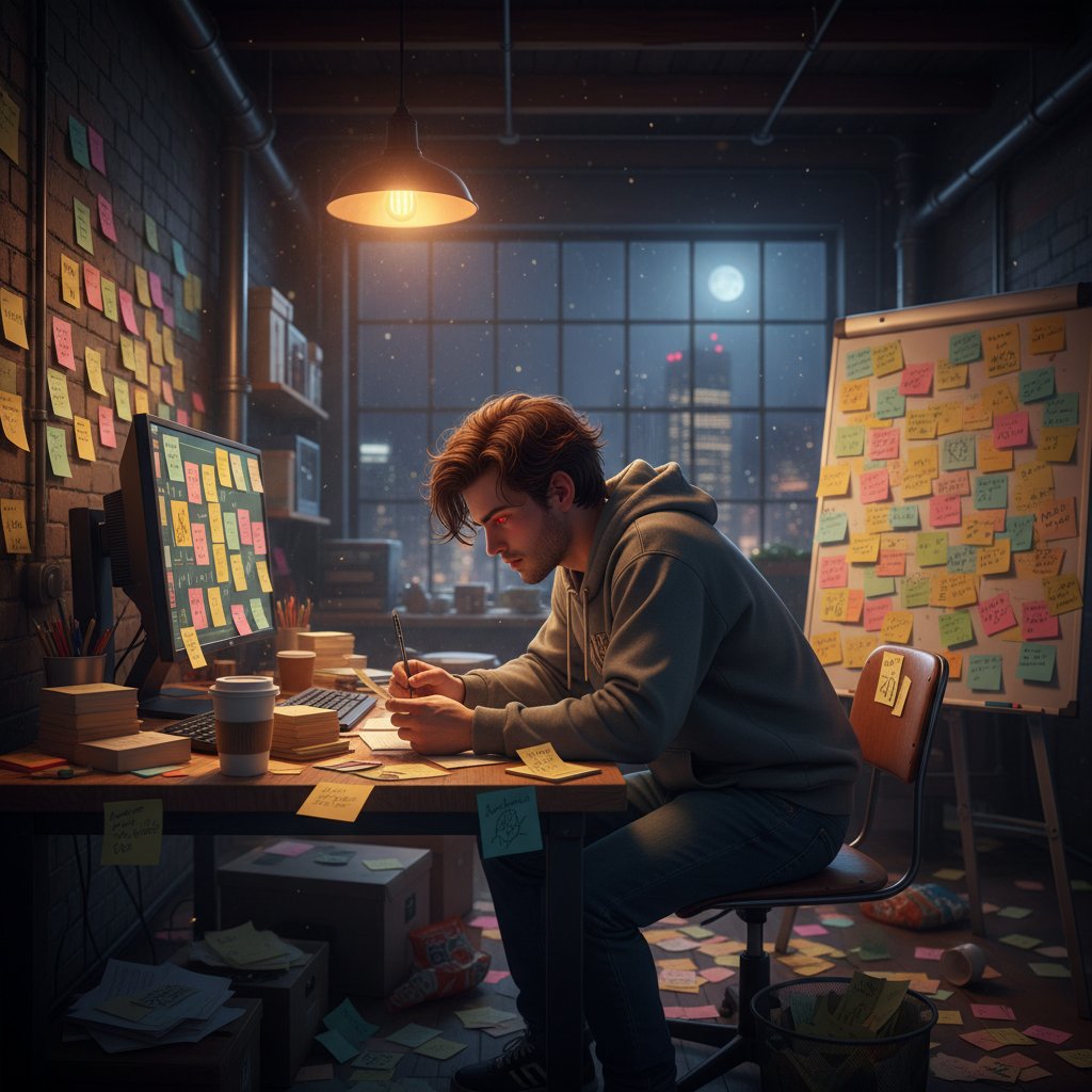 Student TOEIC korzystający z fiszek nocą przy biurku, materiały rozłożone, skupiona atmosfera