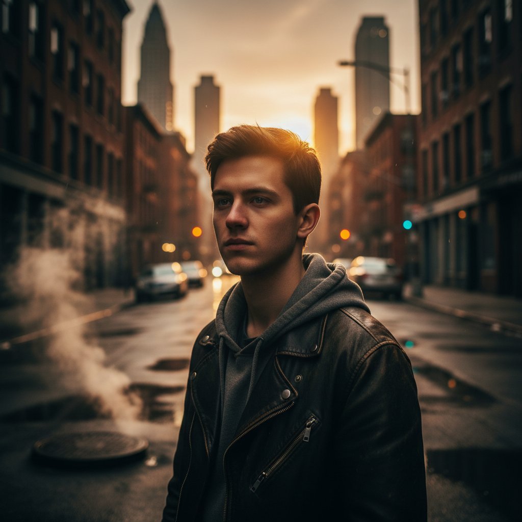 Młoda osoba z widocznym zezem na tle miasta, obraz oddający autentyczność i realność problemu