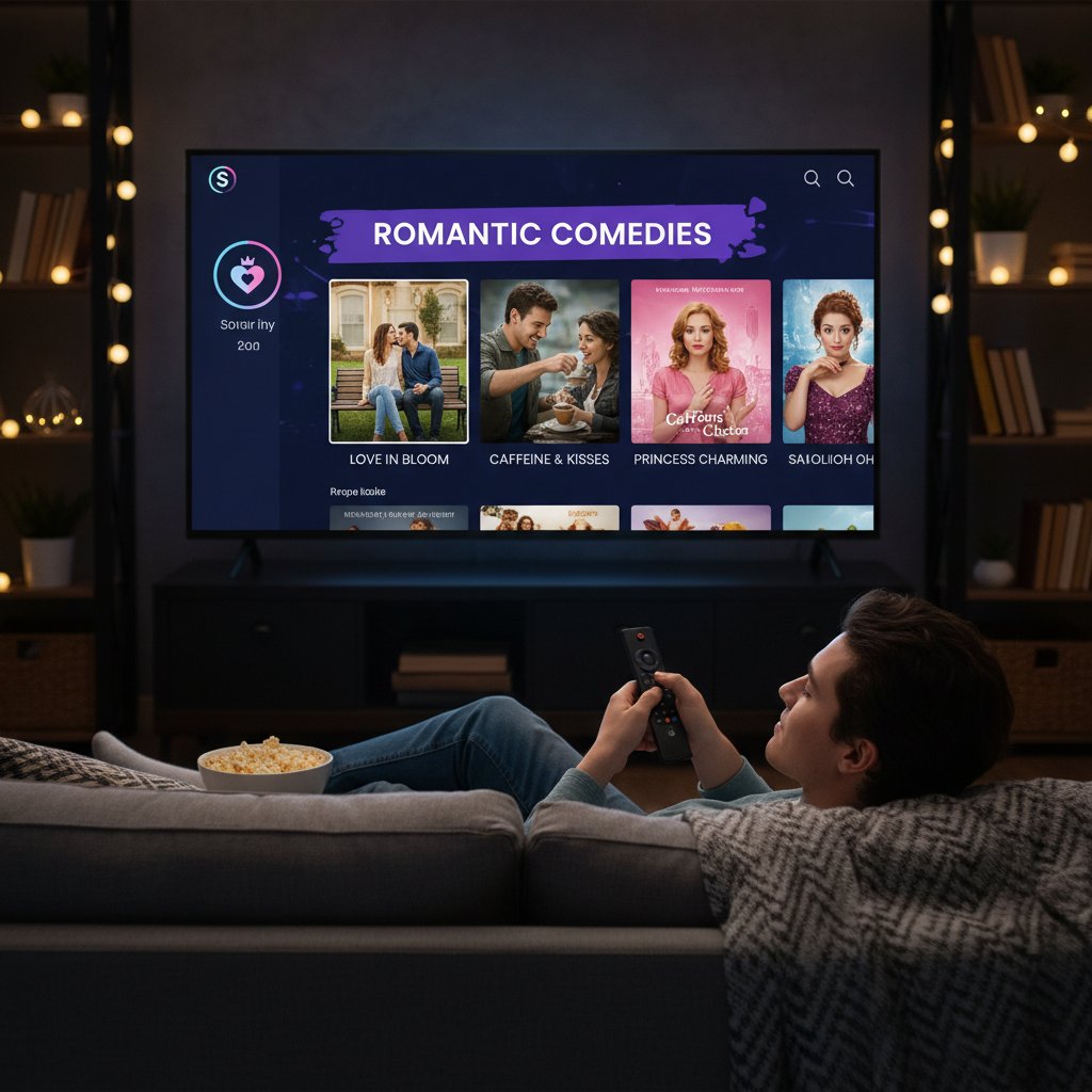 Young adult indecisive, browsing streaming app for a romantic comedy