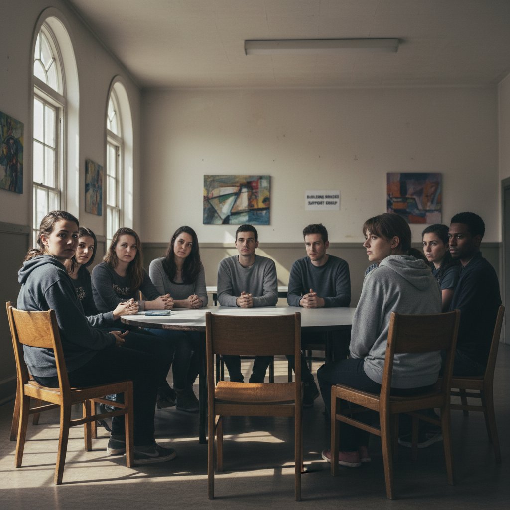 Młoda osoba rozmawia z grupą wsparcia, poważne, ale pełne nadziei twarze